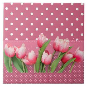 Söt rosa, tulpaner och rosa och vitt polka dots kakelplatta