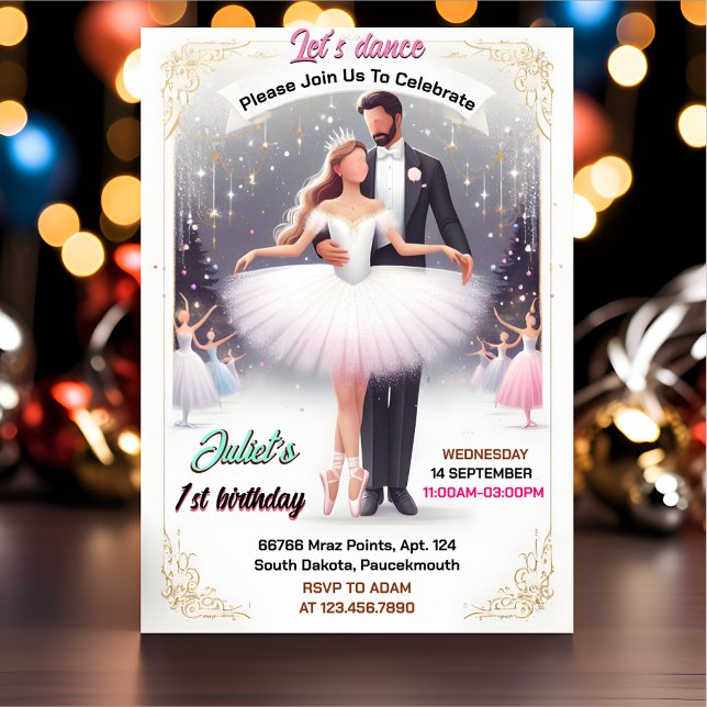 Söt Rosa Tutu Chic Flickor Ballerina 1-årsdag Inbjudningar (Skapare uppladdad)