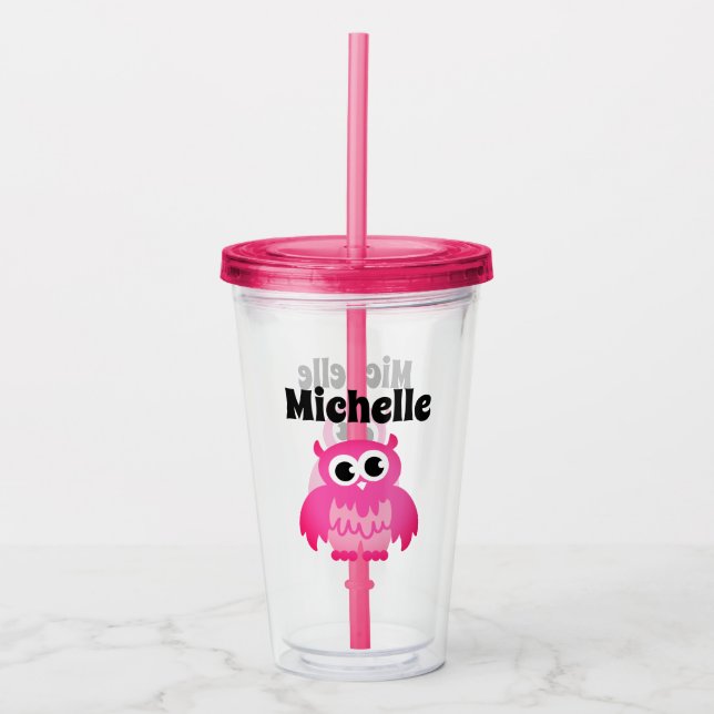 Söt rosa uggla anpassat namn flickas födelsedagsfe take away mugg (Framsida)