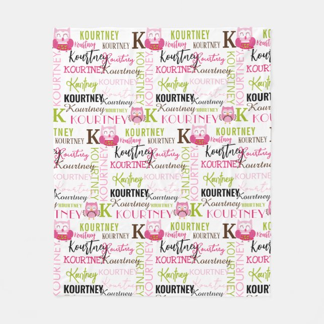 Söt Rosa Uggla med Namn och Monogram Collage Fleecefilt (Framsidan)