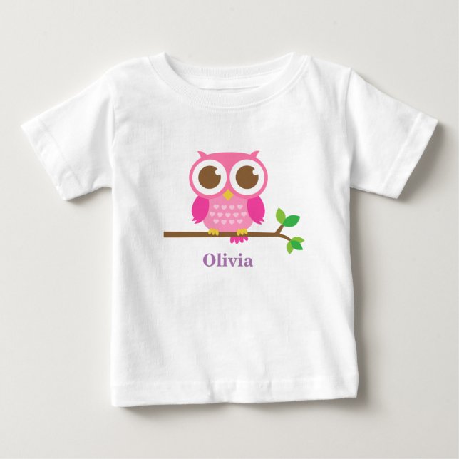 Söt rosa uggla på gren Babyflicka Personlig Tee Shirt (Framsida)