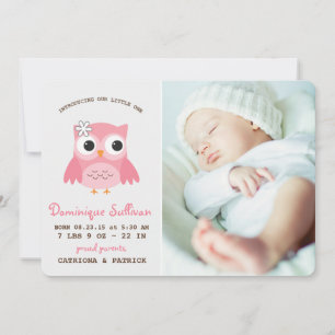 Söt Rosa Uggla Photo Birth Notice Meddelande