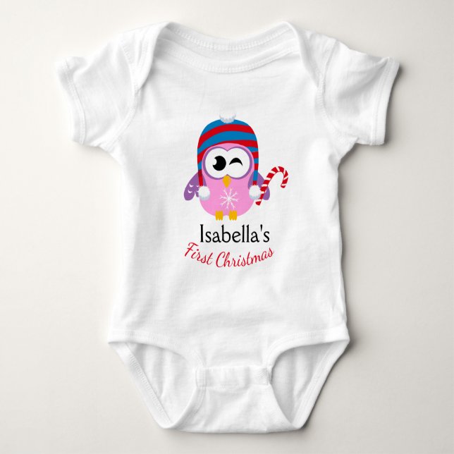 Söt Rosa Uggle Godis Pinne Barnets Första Jul  T Shirt (Framsida)