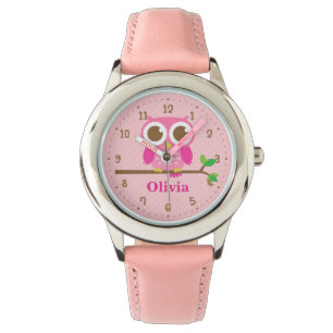 Söt Rosa Uggle På Gren Personlig Tjejklocka Armbandsur