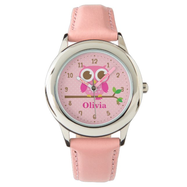 Söt Rosa Uggle På Gren Personlig Tjejklocka Armbandsur (Framsida)
