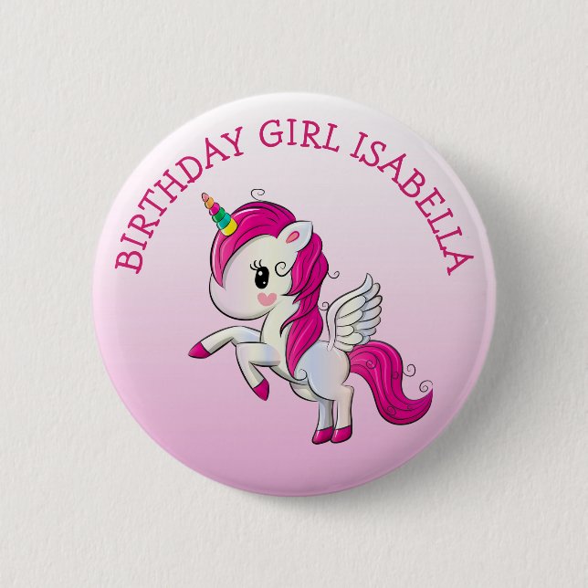 Söt Rosa Unicorn Birthday Girl Personlig Knapp (Framsida)