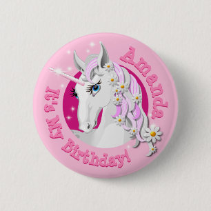 Söt Rosa Unicorn Födelsedagsfest Knapp