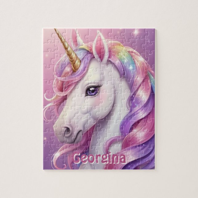 Söt Rosa Unicorn med Namn Pussel (Vertikal)