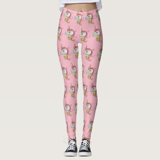 Söt Rosa Unicorn Patternings Leggings (Framsida)