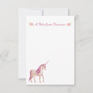 Söt Rosa Unicorn Personlig Blommigt Anteckningskort