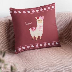 Söt Rosa Valentine Day Llama Little Girl Namn Kudde