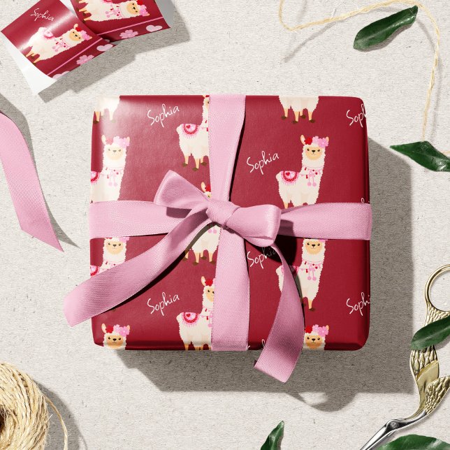 Söt Rosa Valentine Day Llama Little Girl Namn Presentpapper (Skapare uppladdad)