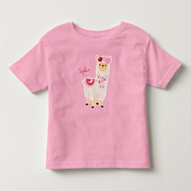 Söt Rosa Valentine Day Llama Little Girl Namn T Shirt (Framsida)