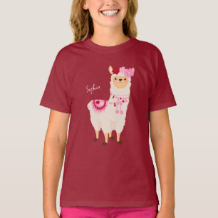 Söt Rosa Valentine Day Llama Little Girl Namn T Shirt