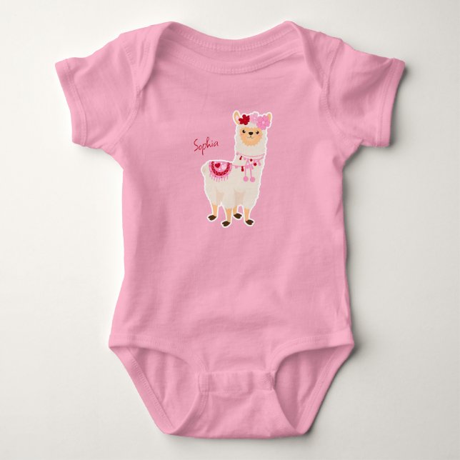 Söt Rosa Valentine Day Llama Little Girl Namn T Shirt (Framsida)