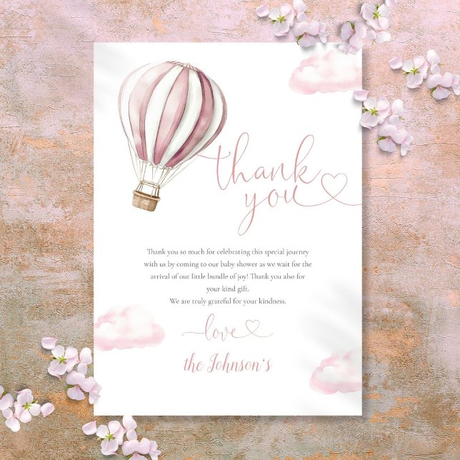 Söt rosa varmluftsballong Baby Shower Tack Kort (Cute Pink Hot Air Balloon Baby Shower Thank You Card)