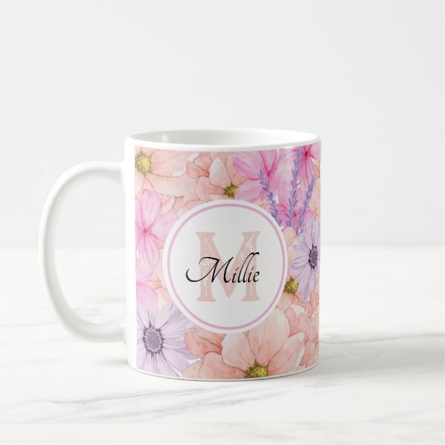 söt rosa vattenfärgsblommor, monogrammerade för he kaffemugg (Vänster)