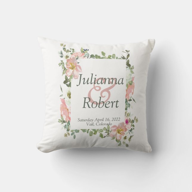 Söt rosa vattenfärgsfärg blommigt bröllop Kasta pi Kudde (Framsida)