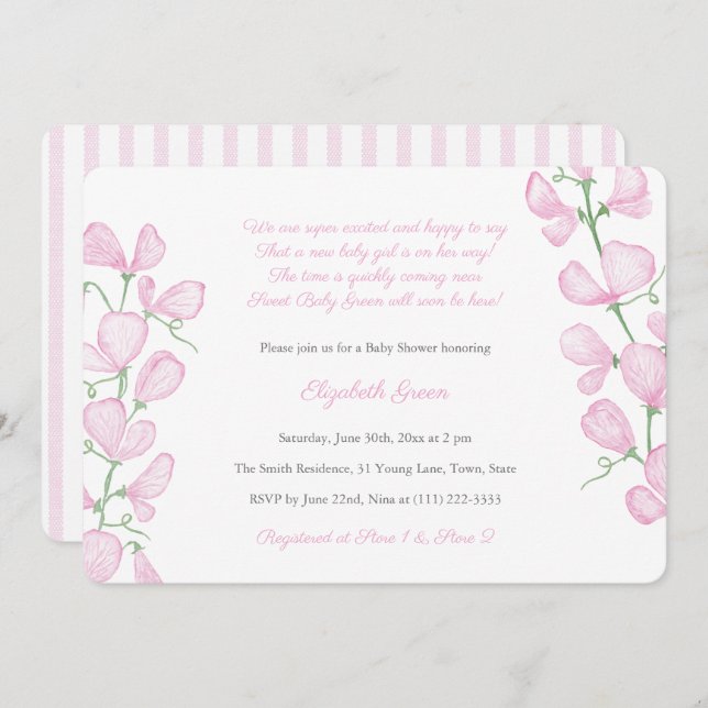 Söt Rosa Vattenfärgsskugga, Blommigt för spädbarn  Inbjudningar (Fram/baksida)