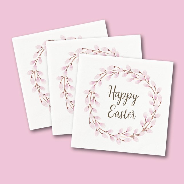Söt rosa vide Glad påsk  Pappersservett (Cute Pink Pussy Willow Happy Easter Napkins)