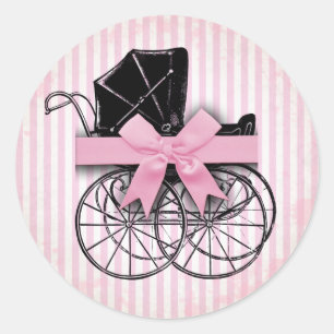 Söt Rosa Vintage Baby Carriage Pram and Bow Runt Klistermärke