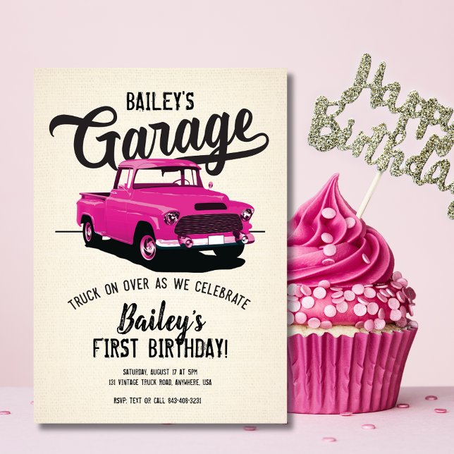 Söt Rosa Vintage Lastbil Födelsedagsinbjudan Inbjudningar (Cute Pink Vintage Truck Birthday Invitation)