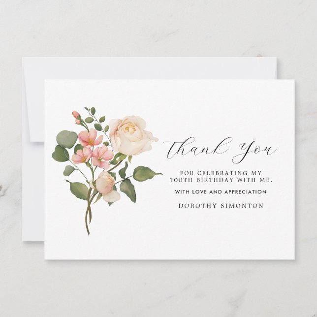 Söt Rosa Vit Blommigt 100:e födelsedag Tack (Framsida)