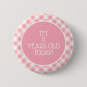 Söt Rosa Vit Gingham Flicka 5-årsdag Knapp