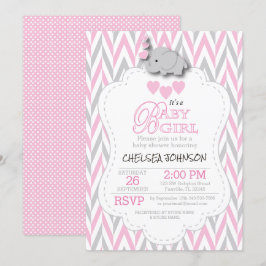 Söt Rosa, vit Grått Elephant Baby Shower 2 Inbjudningar