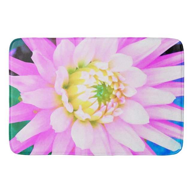 Söt Rosa, vit och Gult Cactus Dahlia Macro Badrumsmatta (Framsidan)