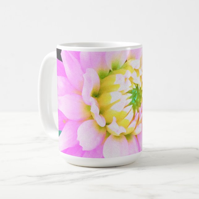 Söt Rosa, vit och Gult Cactus Dahlia Macro Kaffemugg (Framsida vänster)