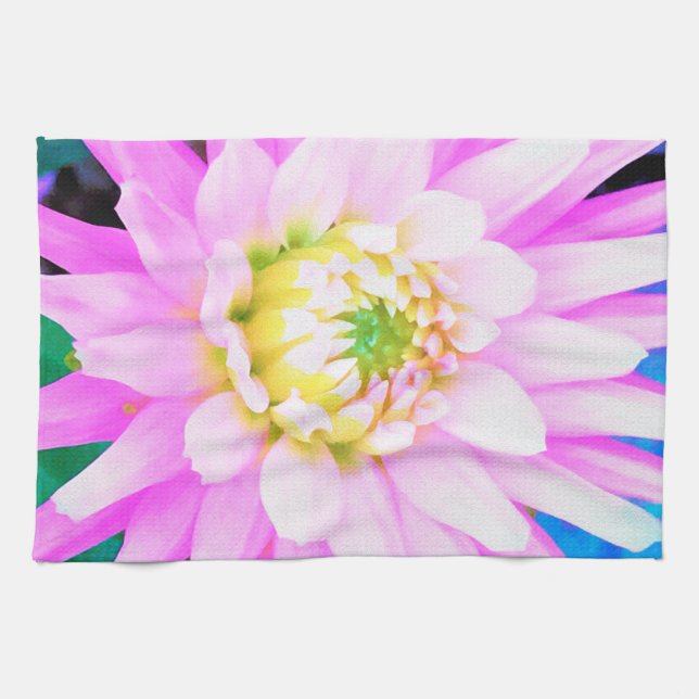 Söt Rosa, vit och Gult Cactus Dahlia Macro Kökshandduk (Horisontell)