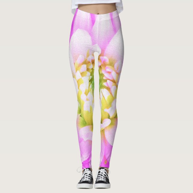 Söt Rosa, vit och Gult Cactus Dahlia Macro Leggings (Framsida)