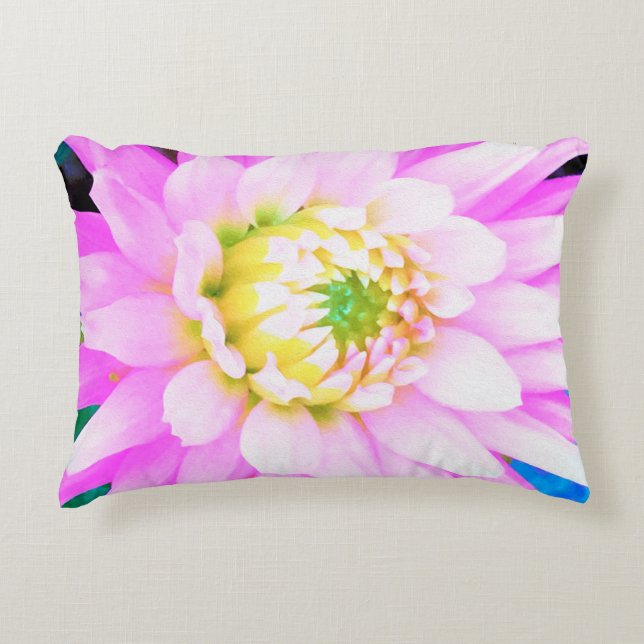 Söt Rosa, vit och Gult Cactus Dahlia Macro Prydnadskudde (Framsidan)