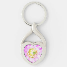 Söt Rosa, vit och Gult Cactus Dahlia Macro Twisted Heart Silverfärgad Nyckelring