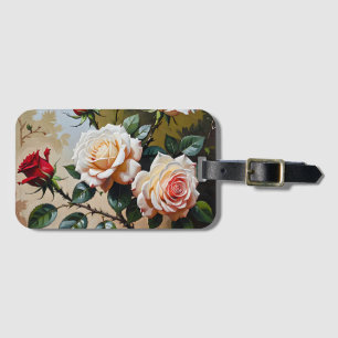 Söt rosa vit och röd ros oljemålning bagagebricka