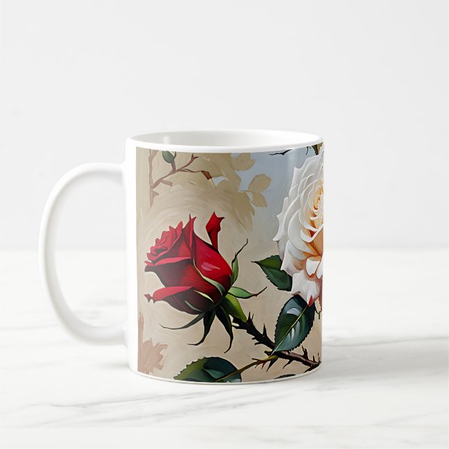 Söt rosa vit och röd ros oljemålning kaffemugg (Vänster)