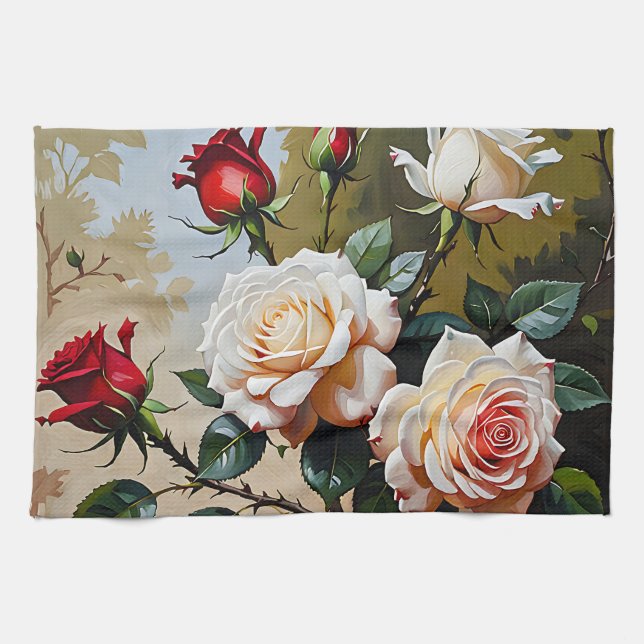 Söt rosa vit och röd ros oljemålning kökshandduk (Horisontell)