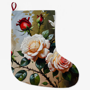 Söt rosa vit och röd ros oljemålning stor julstrumpa