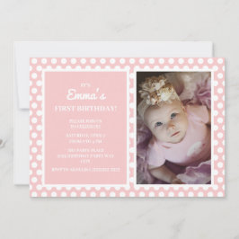 Söt rosa vit prickig liten flicka 1-årsdag inbjudningar