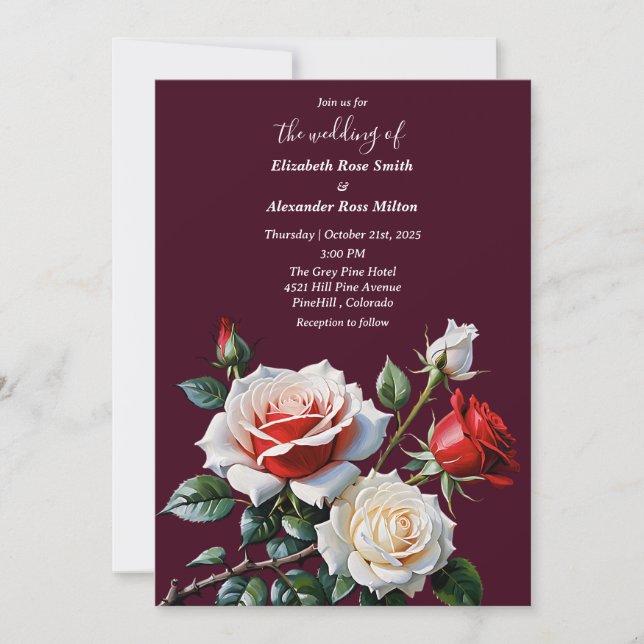 Söt rosa vit röd ros mörk blommigt bröllop inbjudningar (Framsida)