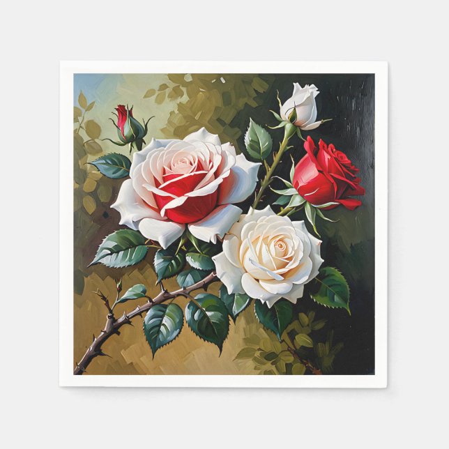 Söt rosa vit röd ros oljemålning pappersservett (Framsidan)