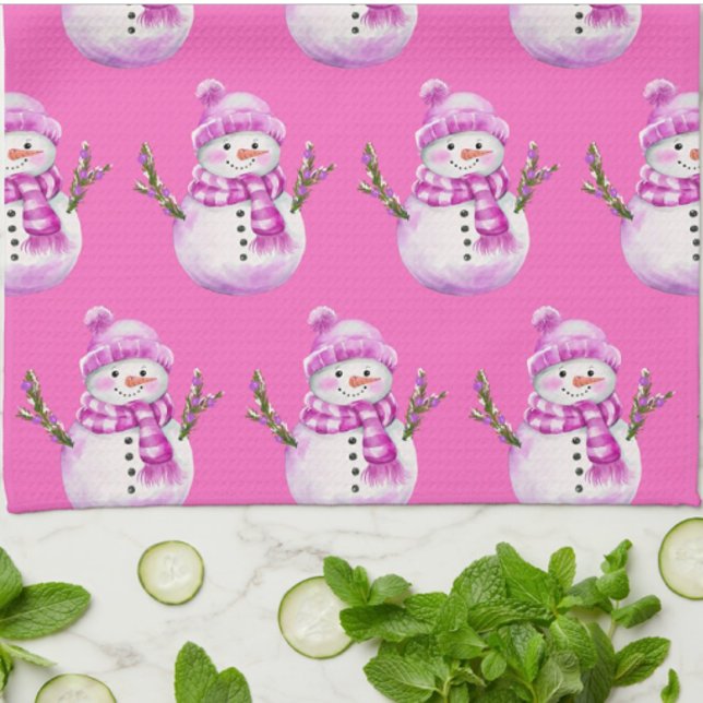 Söt rosa vit snöman jul  kökshandduk (Cute pink white snowman dish towel! Great stocking stuffer or hostess gift)