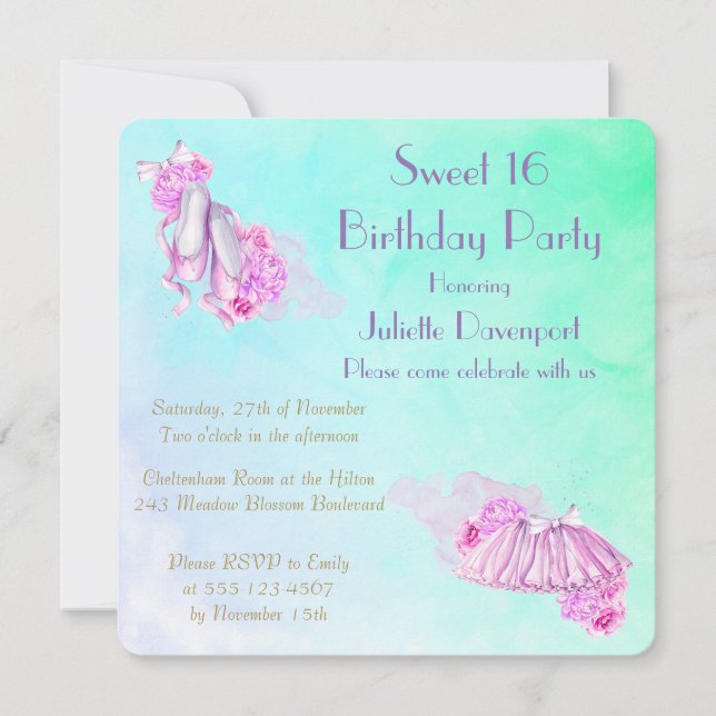 Söt Rosa Watercolor Ballet Birthday Inbjudningar (Framsida)