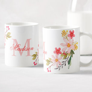 Söt Rosa Watercolor Blommigt Anpassningsbar Monogr Kaffemugg