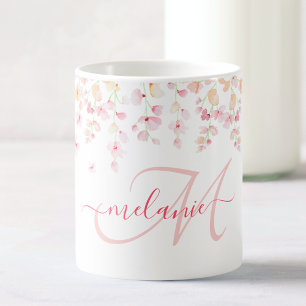 Söt Rosa Watercolor Blommigt Anpassningsbar Monogr Kaffemugg