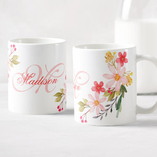 Söt Rosa Watercolor Blommigt Anpassningsbar Monogr Kaffemugg