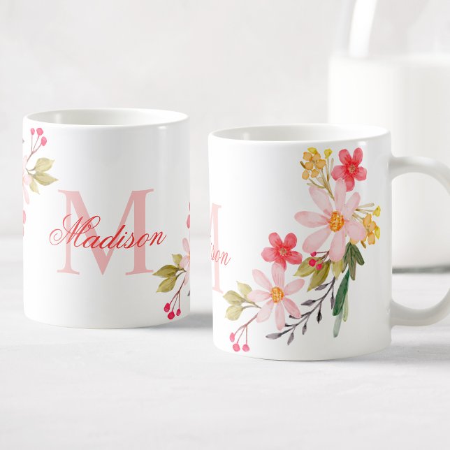 Söt Rosa Watercolor Blommigt Anpassningsbar Monogr Kaffemugg (Skapare uppladdad)