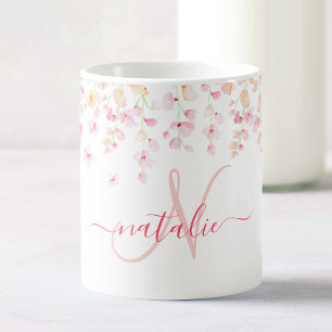 Söt Rosa Watercolor Blommigt Anpassningsbar Monogr Kaffemugg