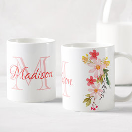 Söt Rosa Watercolor Blommigt Anpassningsbar Monogr Kaffemugg